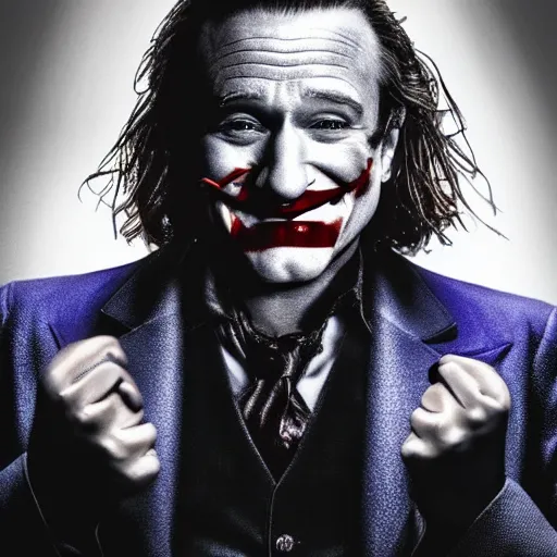 Image similar to ((Robin Williams)) playing The Joker 8k hdr moody lighting
