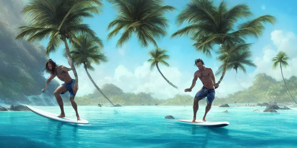 Prompt: a handsome man with shoulder - length hair surfing on a surfboard in a magical blue lagoon, clear water, palm trees, digital illustration, art by greg rutkowski and artgerm, intricate, elegant, smooth, amazing detail, concept art, sharp focus, cinematic lighting