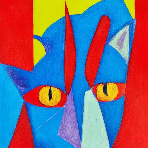 Prompt: A red cat sitting in the middle with yellow squares. in the art style of Picasso blue period. Brush Strokes, minimal painting, high resolution.