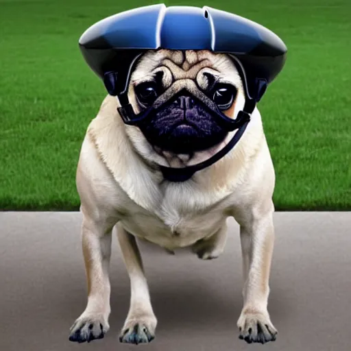 Prompt: pug wearing a american football helmet, cyberpunk style