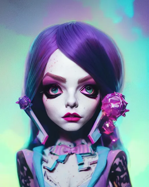 Image similar to portrait of monster high doll, stephen bliss, unreal engine, by greg rutkowski, loish, rhads, makoto shinkai and lois van baarle, ilya kuvshinov, rossdraws, global illumination, radiant light, detailed and intricate environment, pastel lighting