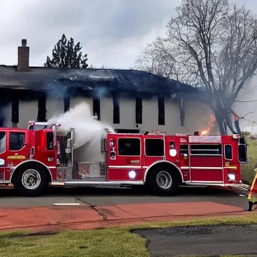 Prompt: fire truck arriving at house fire