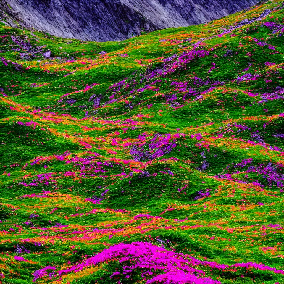 Image similar to valley of flowers, high and small monoliths, one man, renaissance, film grain, bright colors, zancan, high detailed,