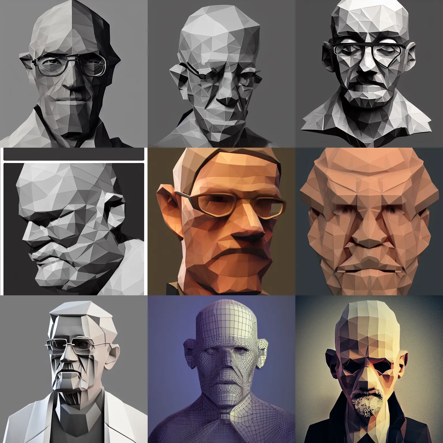 Prompt: old man 3d low poly , cyberpunk, different angles, toon shading, trending on artstation beautiful sophisticated creative