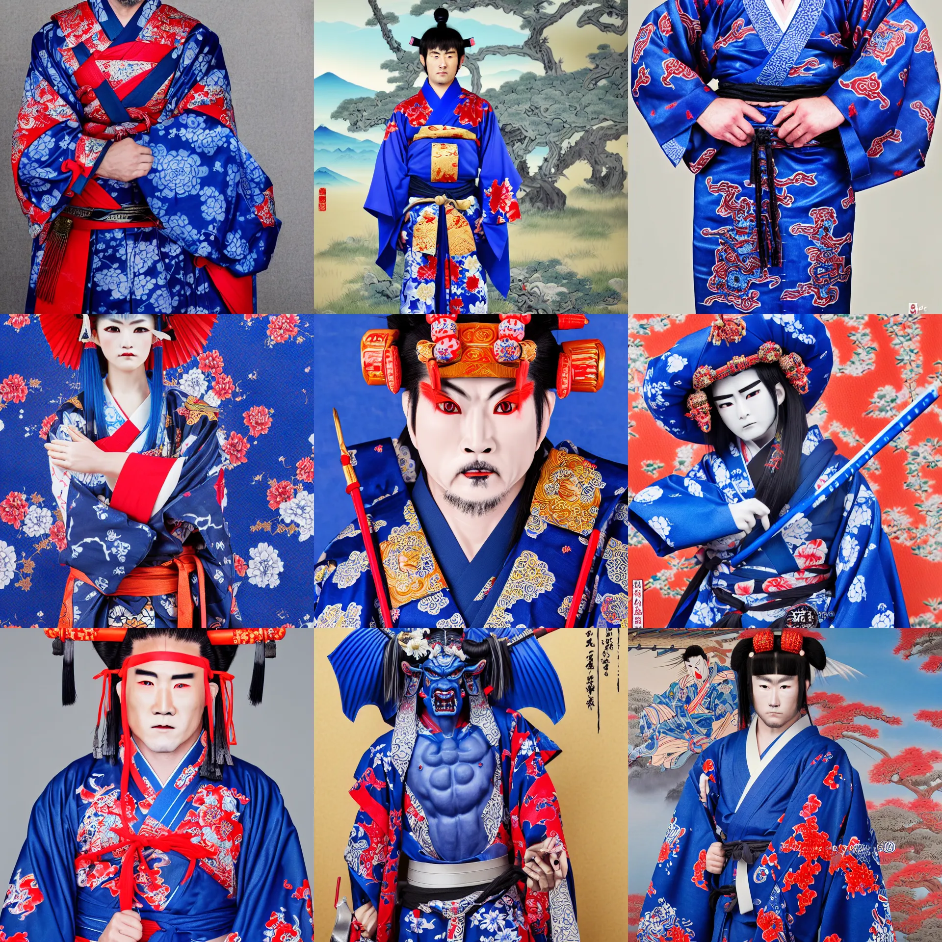 Prompt: a standing portrait of a male blue oni demon 鬼 👹 blue horns horns horns blue skin dressed as samurai 羽 織 haori yukata kimono official portrait highly detailed, 4 k, hdr, smooth, sharp focus, high resolution, award - winning, illustrated by anne stokes, from sengoku period