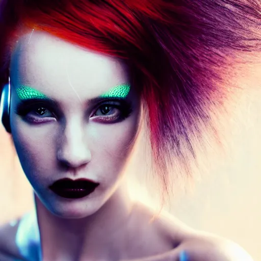 Image similar to futuristic woman, portrait, Cyberpunk, glowing skin, beautiful girl, red hair, ginger hair, dark fantasy, extremely detailed, sharp focus, model