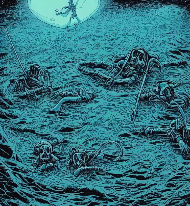 Image similar to The Grim Reaper twins dreaming underwater on an alien world by Dan Mumford and Josan Gonzalez and Laurie Greasley and Tim Doyle, tenebrism, tonalism