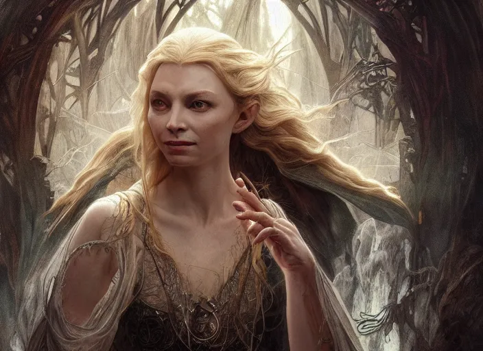 Image similar to a dramatic highly detailed render of Galadriel blended with Gollum, Middle-earth , by WLOP and Artgerm and Greg Rutkowski and Alphonse Mucha, Beautiful dynamic dramatic dark moody lighting, shadows, cinematic atmosphere, Artstation, Octane render, 8K, masterpiece, sharp focus, hyperrealistic, photograph