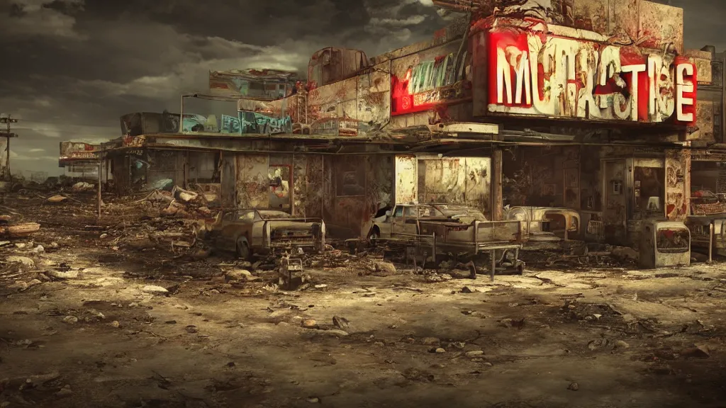 Image similar to post apocalyptic McDonald's, fallout, wasteland, octane render, 4k