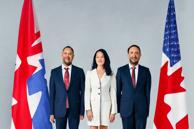 Prompt: full body portrait of a 3 5 year old man standing with his arms around his two girlfriends, one on either side, infront of a line of canadian flags. everyone is wearing formal business attire. atmosphere is serious, dignified, traditional. official government portrait. oil painting, very realistic, 2 1 st century