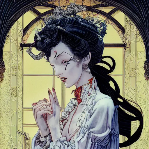 Image similar to portrait of crazy white pale girl wearing white victorian dress, symmetrical, by yoichi hatakenaka, masamune shirow, josan gonzales and dan mumford, ayami kojima, takato yamamoto, barclay shaw, karol bak, yukito kishiro