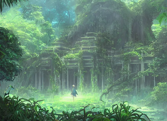 Image similar to a lost temple deep in the jungle, overgrown with vines and trees by makoto shinkai, digital art