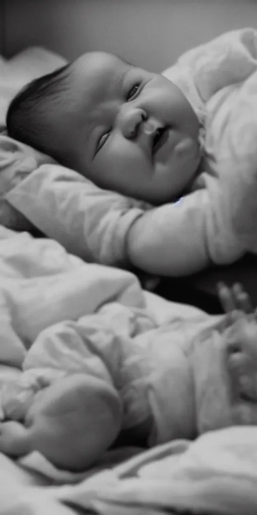 Prompt: A baby of 2 months lies alone on his stomach in a hospital bed in 1971. Kodak ektachrome.