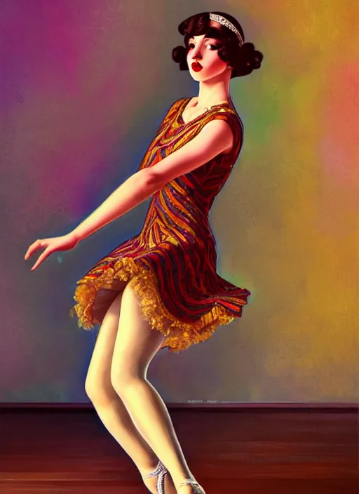 Image similar to a beautiful girl in 1920's fashion dancing the Charleston, living room background, intricate, highly detailed, digital painting, artstation, official media, anime key visual, concept art, rich vivid colors, ambient lighting, sharp focus, illustration, art by Artgerm, Makoto Shinkai, Ilya Kuvshinov, Lois Van Baarle, and Rossdraws