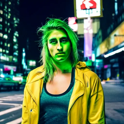Prompt: Rhea Ripley as She Hulk on the street in New York City at night, Lights are on down the street, light fog in the background, cinematic, realistic, detailed, portrait, green skin