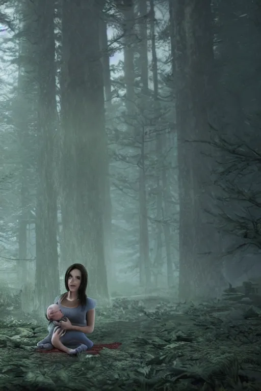 Image similar to a cinematic shot of a young woman with dark hair holds a baby in a dark, foggy forest, octane render, nvidia raytracing demo, closeup, masterpiece