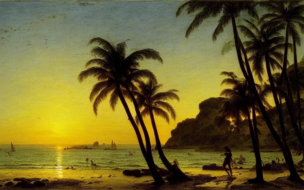 Image similar to a beautiful view of a tropical beach, clear seas, the sun is setting in the background, magical, stunning, art by caspar david friedrich and asher brown durand, intricate details, trending on artstationhq