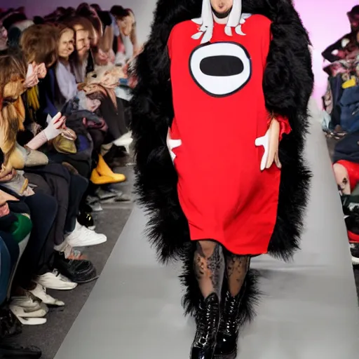 Image similar to slug wearing clothes, vivian westwood, slug with teeth, runway model