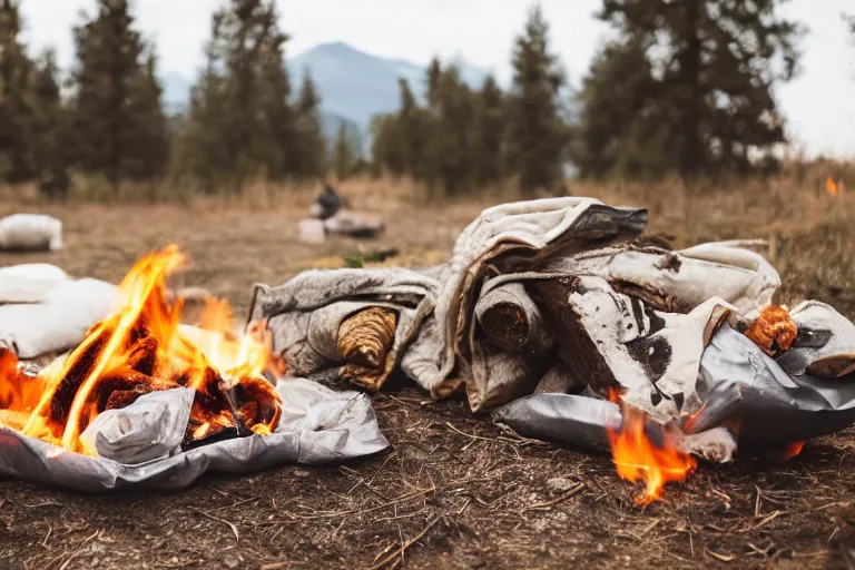 Prompt: outdoor camping with burritos as sleeping bags, bonfire, animals looking, fuji film, realistic