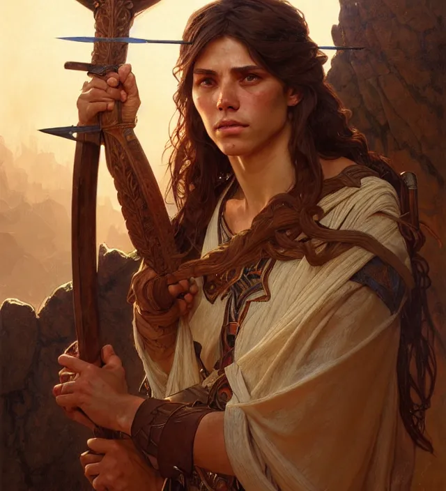 Image similar to portrait of biblical cain holding a spear, intricate, headshot, highly detailed, digital painting, artstation, concept art, sharp focus, cinematic lighting, illustration, art by artgerm and greg rutkowski, alphonse mucha, cgsociety