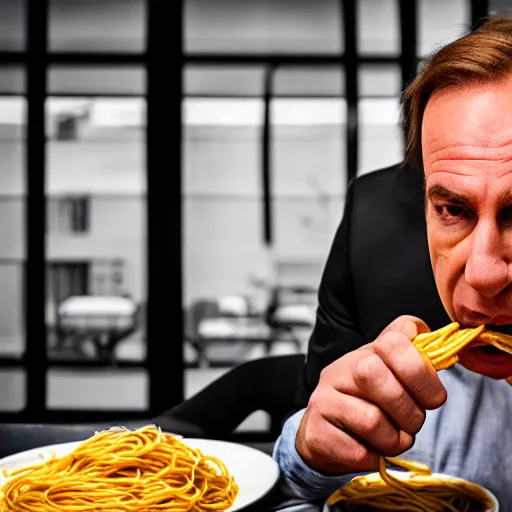 Image similar to saul goodman eating spaghetti, ( sony a 7 r iv, symmetric balance, polarizing filter, photolab, lightroom, 4 k, dolby vision, photography awardm, voque, perfect face )