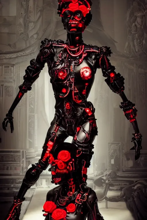 Prompt: full-body cyberpunk style sculpture of a young beautiful dark priestess, half android with a head opening exposing circuitry, glowing red eyes, black roses, flowing blood red colored silk fabric. baroque elements, candles, human skull, crows flying in background. full-length view. baroque element. intricate artwork by Caravaggio. Trending on artstation, cinematic lighting from the right, hyper-realism, octane render, 8k, depth of field, 3D, conceptual art