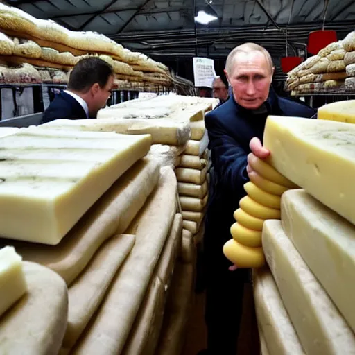 Image similar to close up of vladimir putin visiting a cheese market