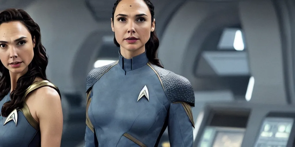 Image similar to Gal Gadot, in full starfleet uniform, is the captain of the starship Enterprise in the new Star Trek movie