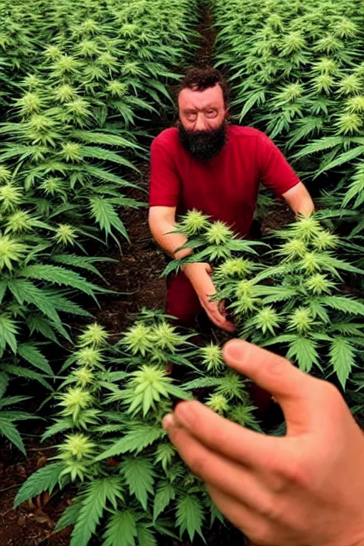 Image similar to devil spreads his hands against the background of growing cannabis.