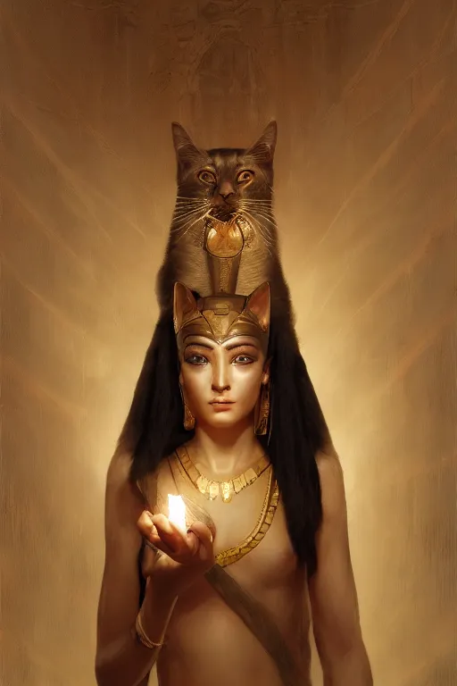 Image similar to softly lit portrait of the beautiful egyptian goddess, bastet, bast, woman / cat hybrid, soft torchlight in an egyptian tomb, digital art by ruan jia and mandy jurgens and artgerm and william - adolphe bouguereau, highly detailed, trending on artstation, award winning,