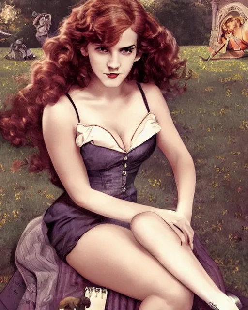 Image similar to pinup photo of hermione granger by emma watson in the crowded square of hogwarts, by gil elvgren, glossy skin, pearlescent, very coherent, very detailed