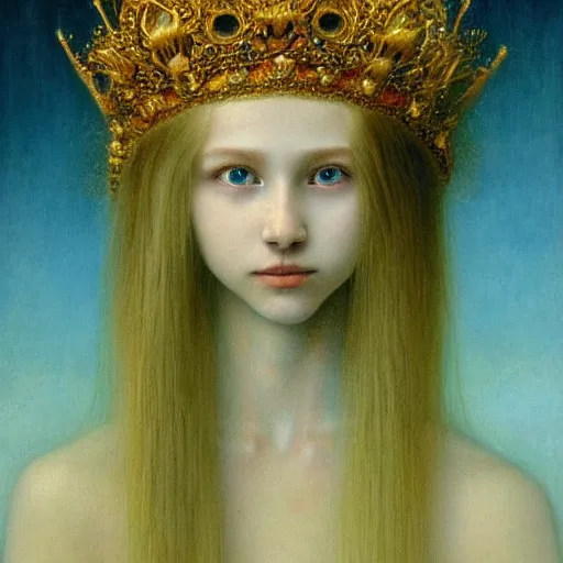 Prompt: young smiling teen queen with long golden hairs in golden crown, very white pale, blue eyes, painting by Beksinski