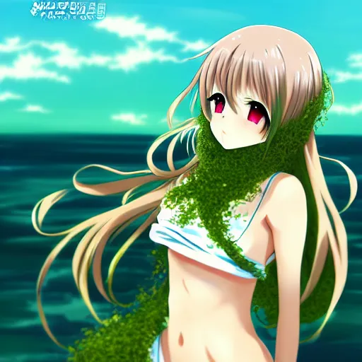 Image similar to anime girl wrapped in seaweed, anime art, trending on artstation, cute