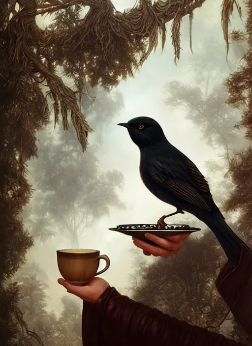 Image similar to a bird holds a cup of tea in its hands, hyperrealism, no blur, 4 k resolution, ultra detailed, style of tyler edlin, tom bagshaw, arthur rackham, ivan shishkin