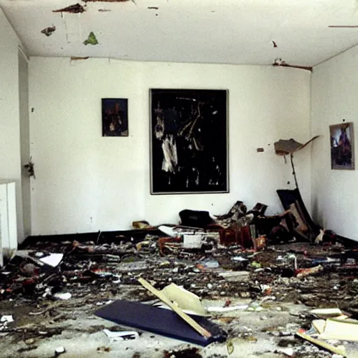 Prompt: The kinetic sculpture shows a scene of total destruction. A room has been completely wrecked, with furniture overturned, belongings strewn about, and debris everywhere. The only thing left intact is a single photograph on the wall. This photograph is the only evidence of what the room once looked like. It shows a tidy, well-appointed space, with everything in its place. The contrast between the two images is stark, and it is clear that the destruction was complete and absolute. ceramic bust by David Driskell rich