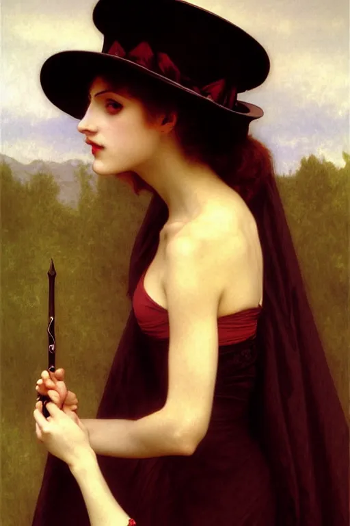 Prompt: vampire in a big hat, painting by rossetti bouguereau, detailed art, artstation