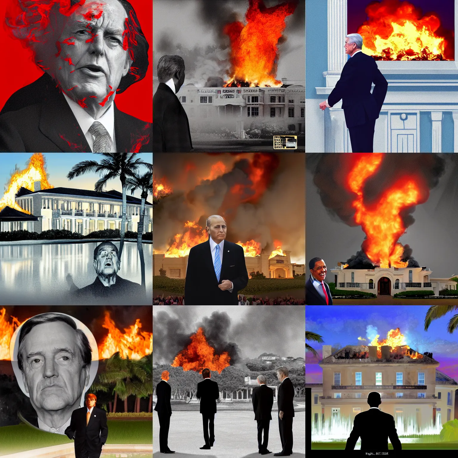 Prompt: dramatic portrait of president watching mar-a-lago estate burn, digital art