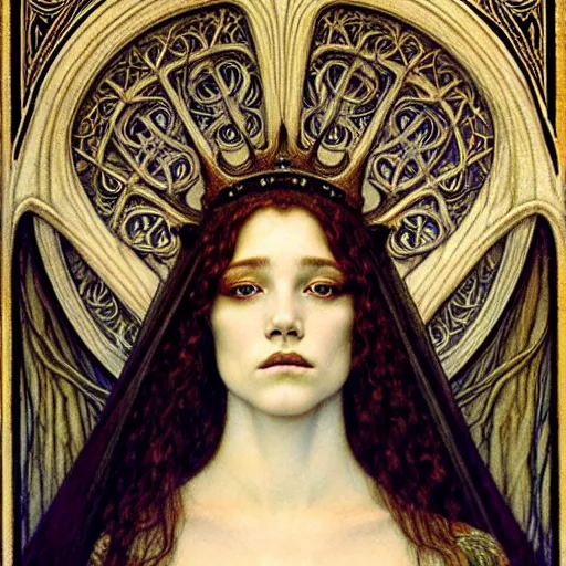 Image similar to detailed realistic beautiful young medieval queen face portrait by jean delville, gustave dore and marco mazzoni, art nouveau, symbolist, visionary, gothic, pre - raphaelite. horizontal symmetry