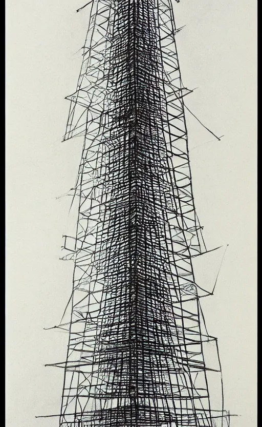 Prompt: a drawing of a tower made of ladders, drawing by hugh ferriss, realistic, on paper