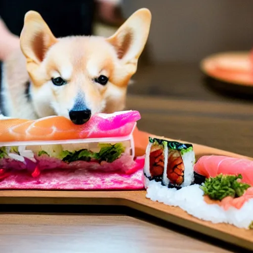 Image similar to a corgie in a house made of sushi . Photography.