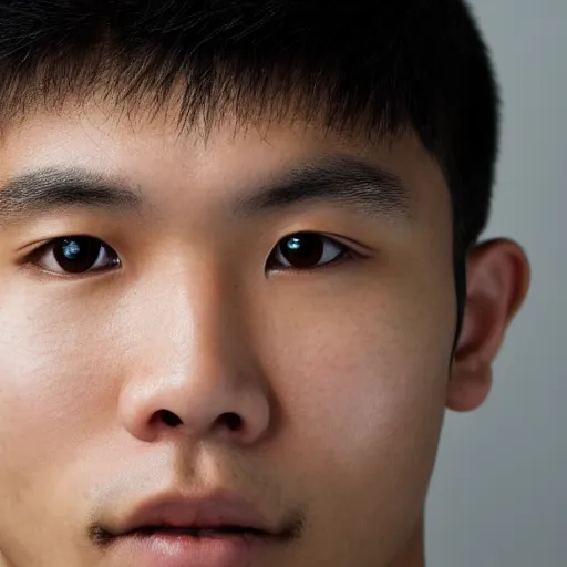 Image similar to a young asian man with a very square face, very short thick curly black hair and swarthy skin with mild pimples. close - up portrait