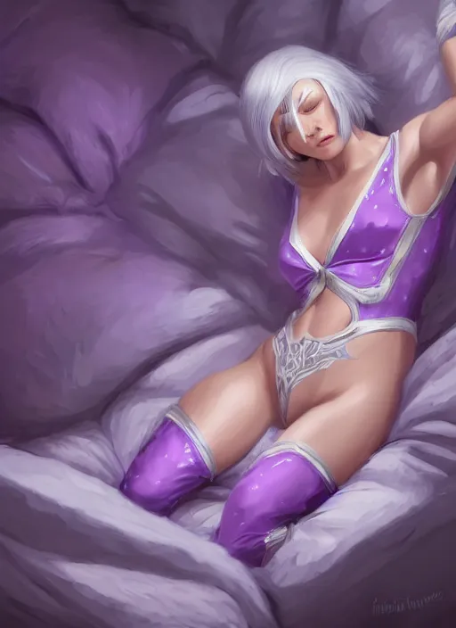 Image similar to a highly detailed illustration of silver haired woman wearing purple star onesie floating on pillow, dramatic floating pose, sleepy expression, intricate, elegant, highly detailed, centered, digital painting, artstation, concept art, smooth, sharp focus, league of legends concept art, wlop