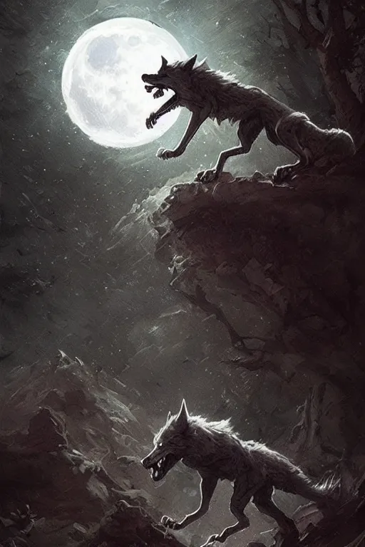 Prompt: lovecraftian wolf howling at the full moon, full moon, moon, digital art, magic the gathering, mtg, by greg rutkowski, trending on artstation