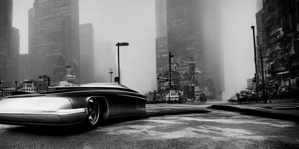 Image similar to retro futuristic car, city, atmospheric, hazy, cinematic, dark lighting, underexposed, cinematography by greig fraser,