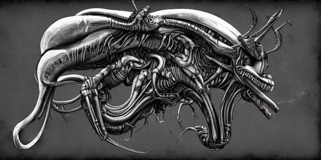 Image similar to xenomorph inspired buffalo, in the style of H.R. Giger, digital art