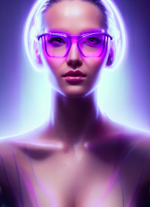 Image similar to portrait of female humanoid in transparent eyewear, intricate, elegant, cyber neon lights, highly detailed, digital photography, artstation, glamor pose, concept art, smooth, sharp focus, art by artgerm and greg rutkowski