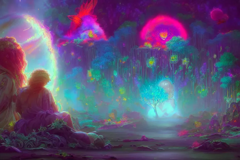 Image similar to a psychedelic realm made entirely out of love and acceptance | astral beings sharing love!!!! | in the style of greg rutkowski! | and wlop | and lisa frank! | and bob ross!!! | and ruan jia | illustration | epic | fantasy | hyper detailed | smooth | unreal engine | sharp focus | ray tracing