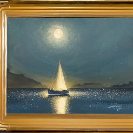 Image similar to a small boat under a moonlit sky with shimmering water. beautiful use of light and shadow to create a sense of depth and movement. using energetic brushwork and a limited color palette, providing a distinctive look and expressive quality in a rhythmic composition