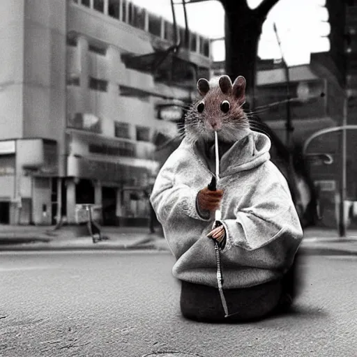 Prompt: “ hamster dressed as a homeless person sitting at an intersection with arms stretched out holding a tin can, trash on ground, sad atmosphere ”