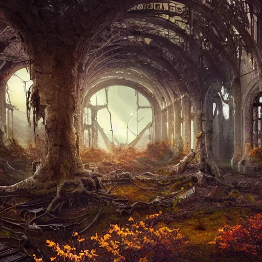 Prompt: a celestial cathedral in ruins, a single autumn maple bonsai blooms, decay and ruins, abandoned dreams and the futility of all human endeavor lie around by Jessica Rossier and HR Giger